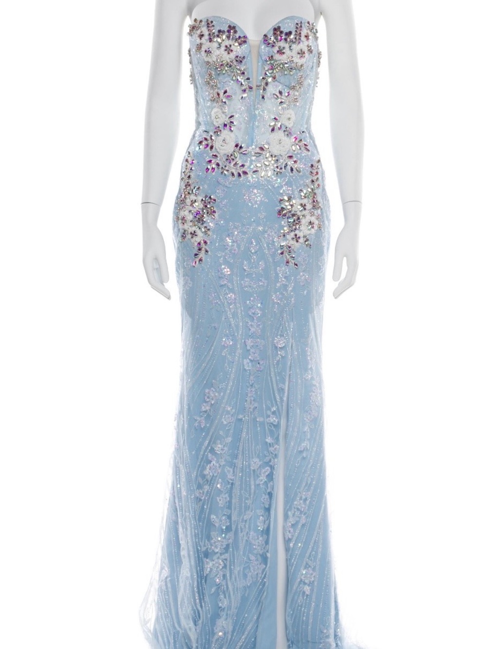 Portia and Scarlett Light Blue Strapless Embellished Evening Gown